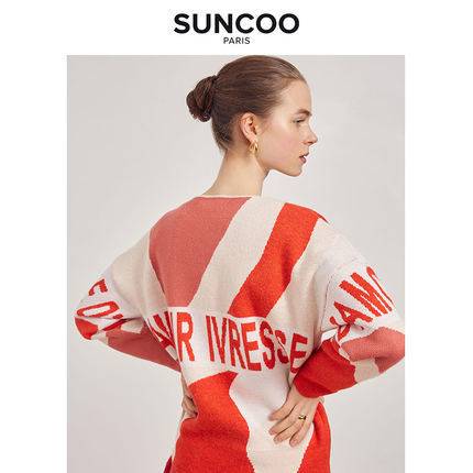SUNCOO三色針織圖案舒適柔軟風圓領法式減齡氣質女士秋季新品毛衣